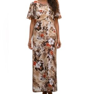 Vintage Hawaii Nei Brown Floral Short Sleeve Resort Wear Vacation Maxi Dress 14